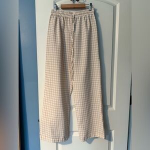 Beige Gingham Wide-Leg Pants